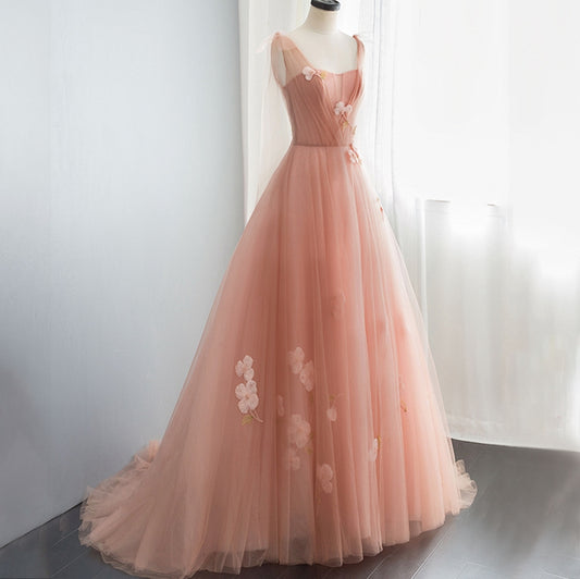 Pink tulle lace long prom dress, pink evening dress  7892