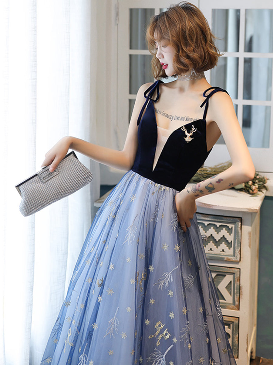 Blue v neck tulle long prom dress  8194