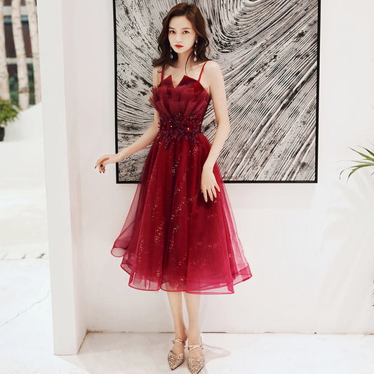 Cute burgundy tulle short prom dress homecoming dress  8252