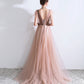 Elegant v neck tulle long prom dress, lace evening dress  8026