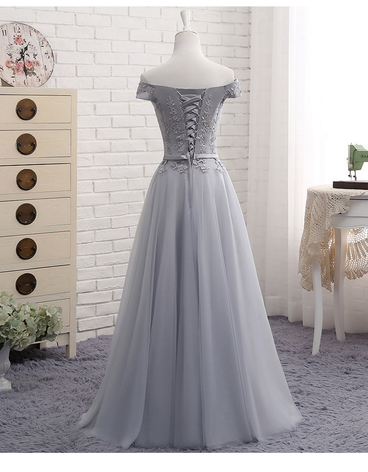 Cute A line gray lace off shoulder prom dress, cheap evening dresses  7792