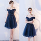 Dark blue lace v neck short prom dress, homecoming dress  7780