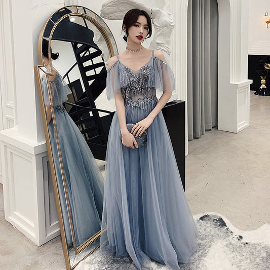 Cute v neck tulle sequins prom dress, gray evening dress  7964