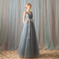 Blue v neck tulle lace long prom dress, blue evening dress  7848
