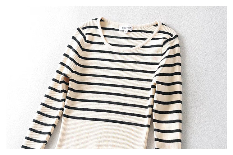 U-neck striped long sleeve slim fitting bottomed sweater for women  7736