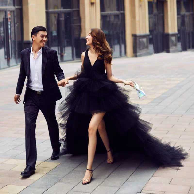 Black tulle long prom dress party dress  8292