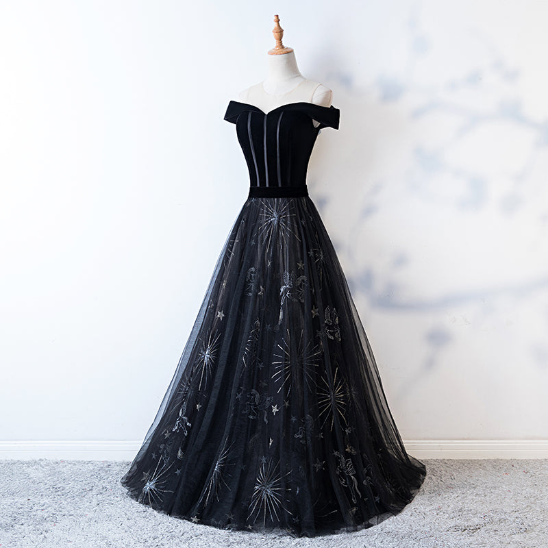 Black tulle velvet long prom dress, evening dress  7992
