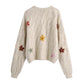 V-Neck long sleeve floral embroidery loose knit coat  7727