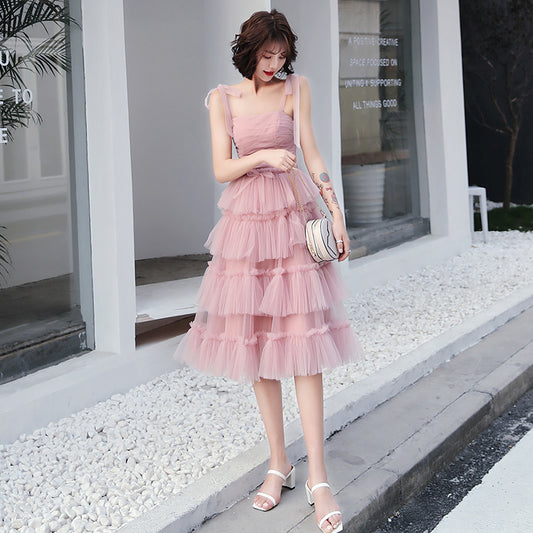 Pink tulle short prom dress, pink evening dress  8053
