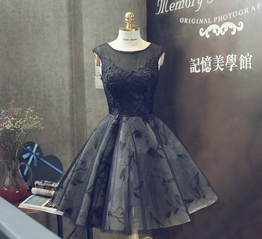 Black round neck lace short prom dress, homecoming dress  7923