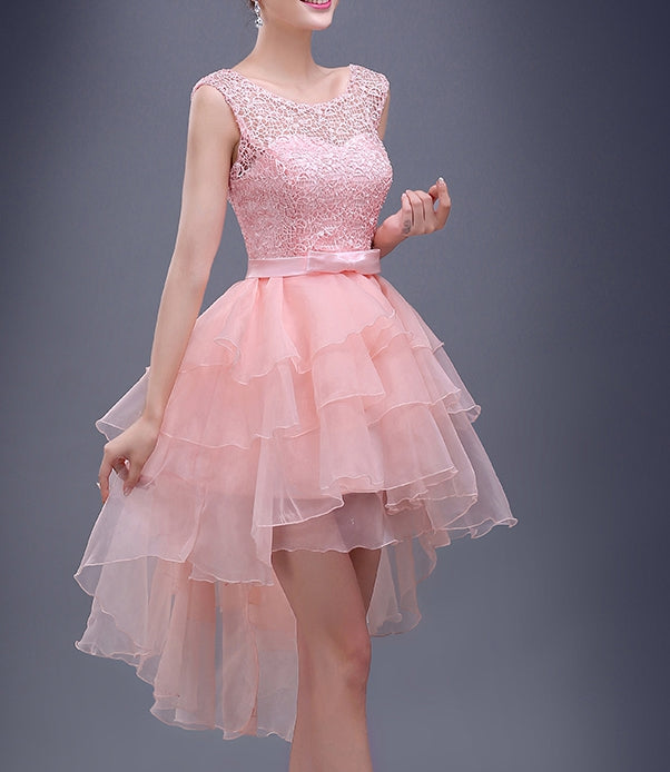Charming A-line pink lace high-low short prom dress,homecoming dresses  7705