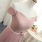 Pink tulle off shoulder A line long prom dress, pink evening dresses  7795