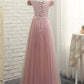 Pink tulle off shoulder A line long prom dress, pink evening dresses  7795
