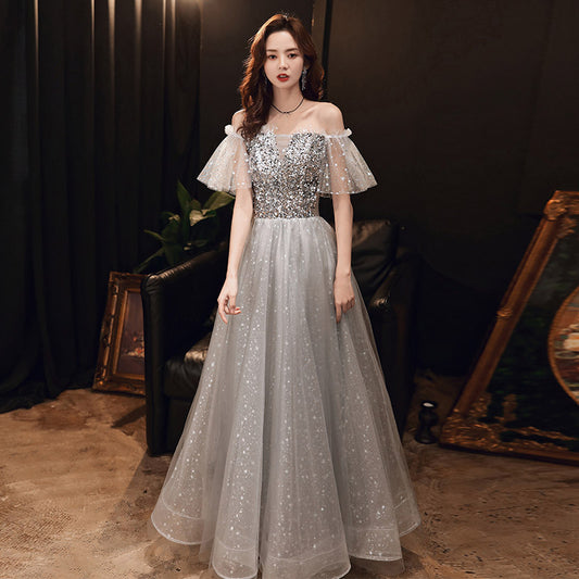 Gray sequins short prom dress evening dress  8359