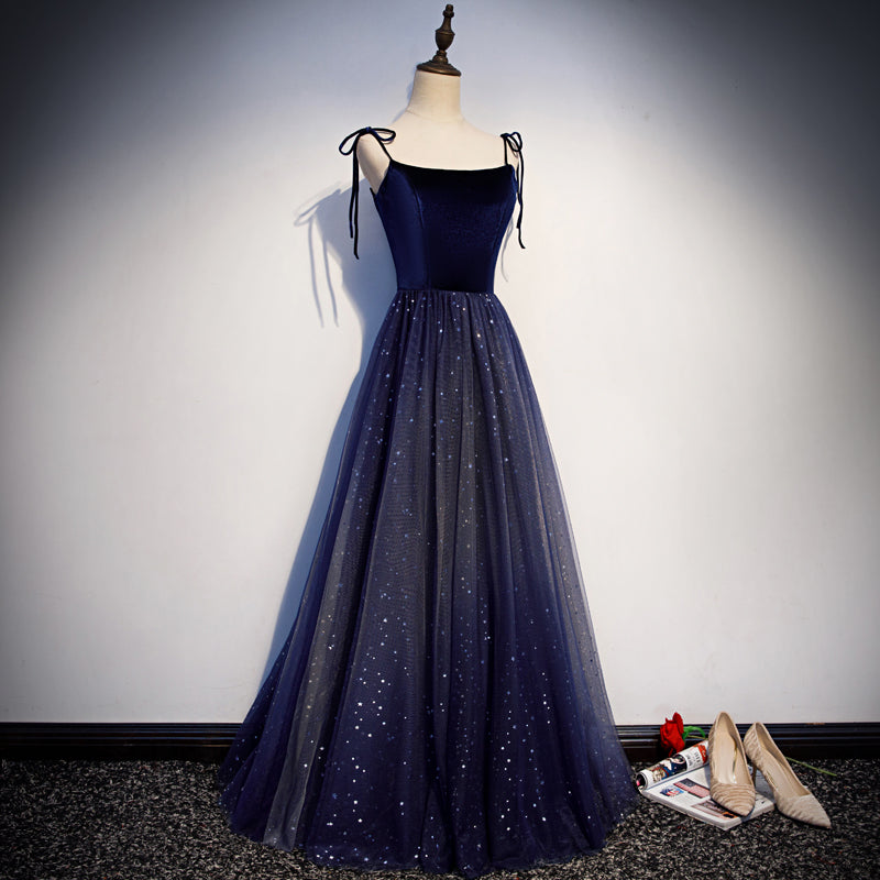 Blue tulle velvet long prom dress, blue evening dress  7914
