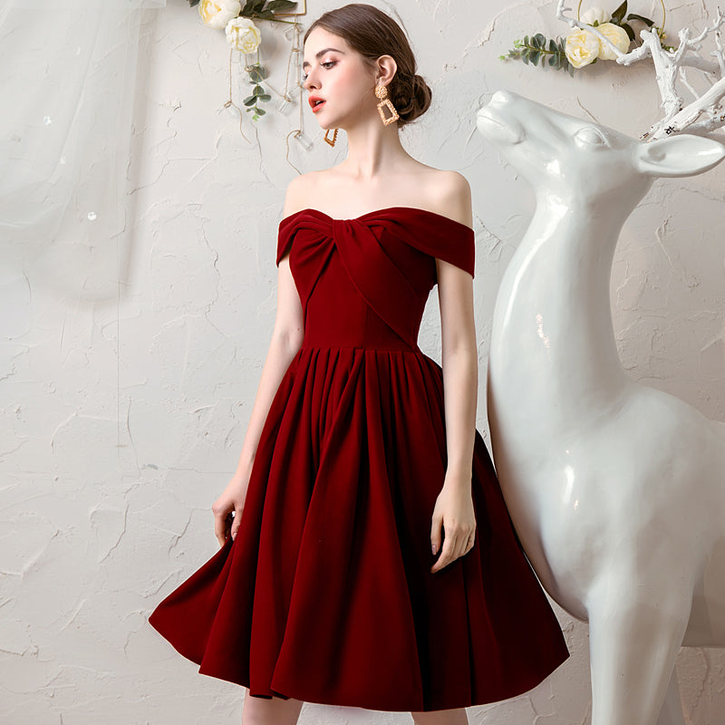 Cute burgundy velvet short prom dress, homecoming dress  8115