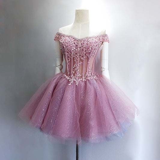 Pink tulle lace short prom dress, pink evening dress  8006
