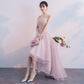 Pink v neck tulle lace prom dress, high low evening dress  7843