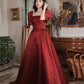 Burgundy satin long A line prom dress homecoming dress  8916