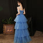 Blue tulle long A line prom dress blue evening dress  8906