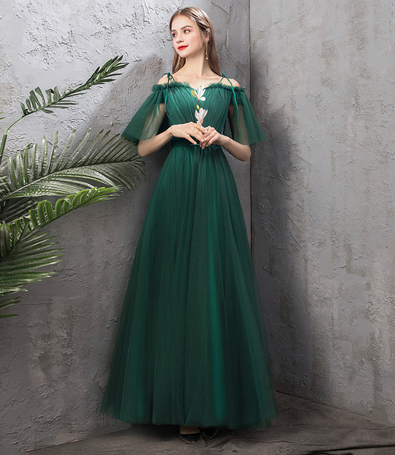 Green tulle long A line prom dress green evening dress  8868
