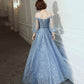 Blue tulle long prom dress A line evening gown  8955