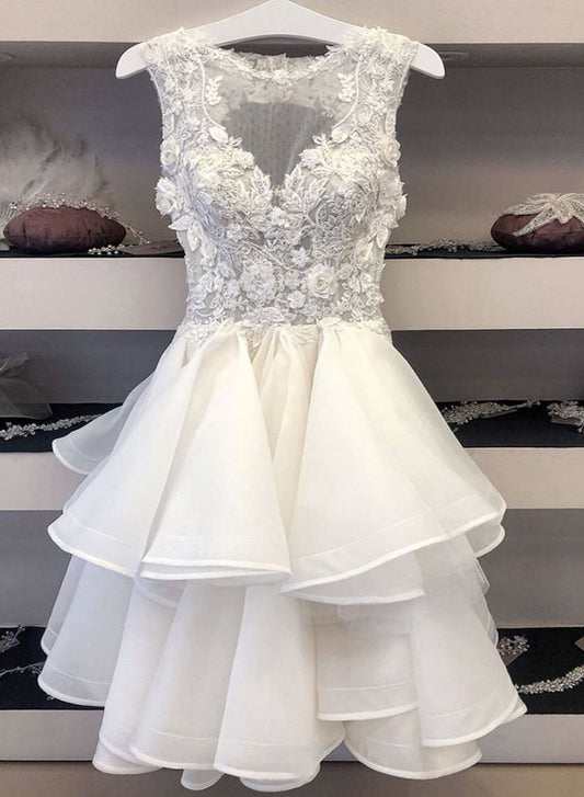 White tulle lace short prom dress homecoming dress  8917