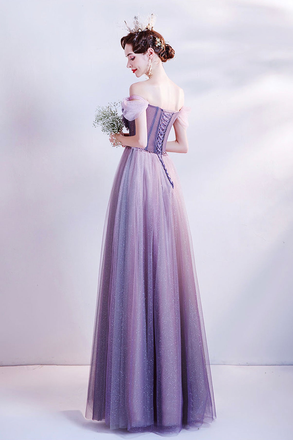 Purple tulle long A line prom dress evening dress  8740