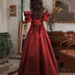 Burgundy satin long A line prom dress homecoming dress  8916