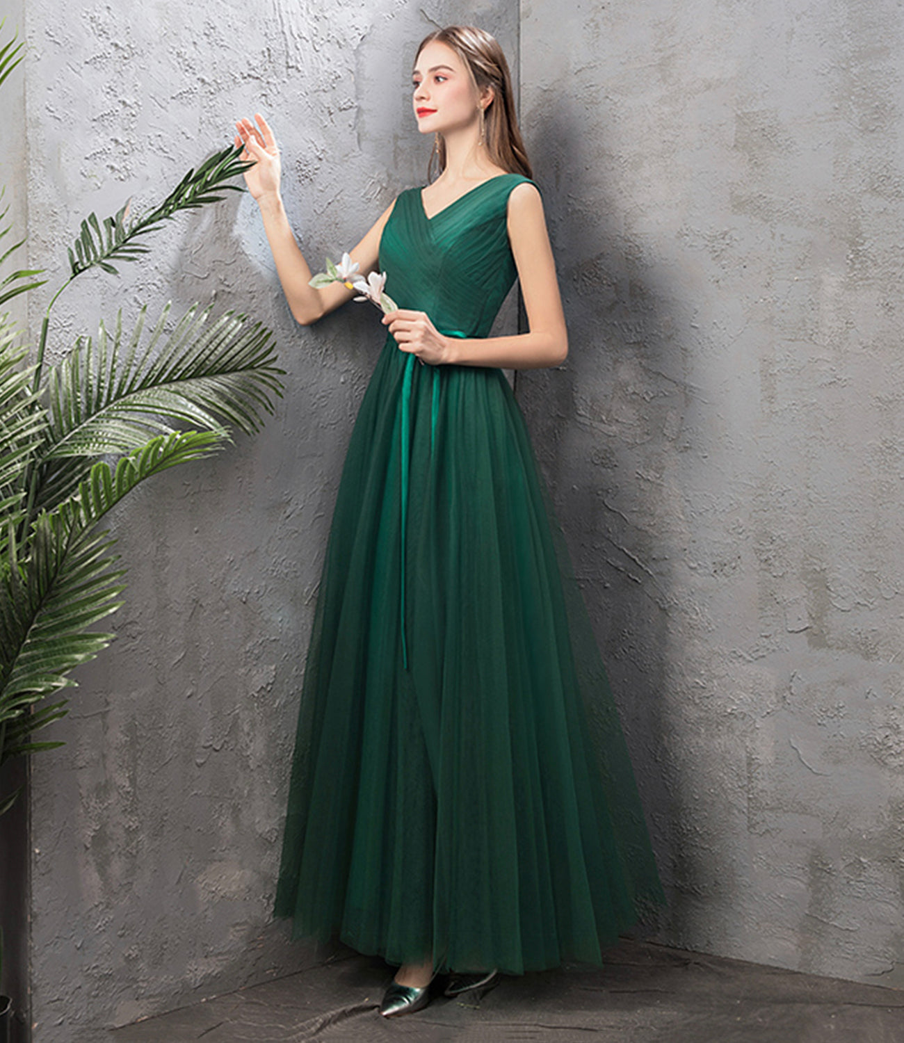Green tulle long A line prom dress green evening dress  8868