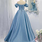 Shiny satin long A line prom dress blue evening dress  8845