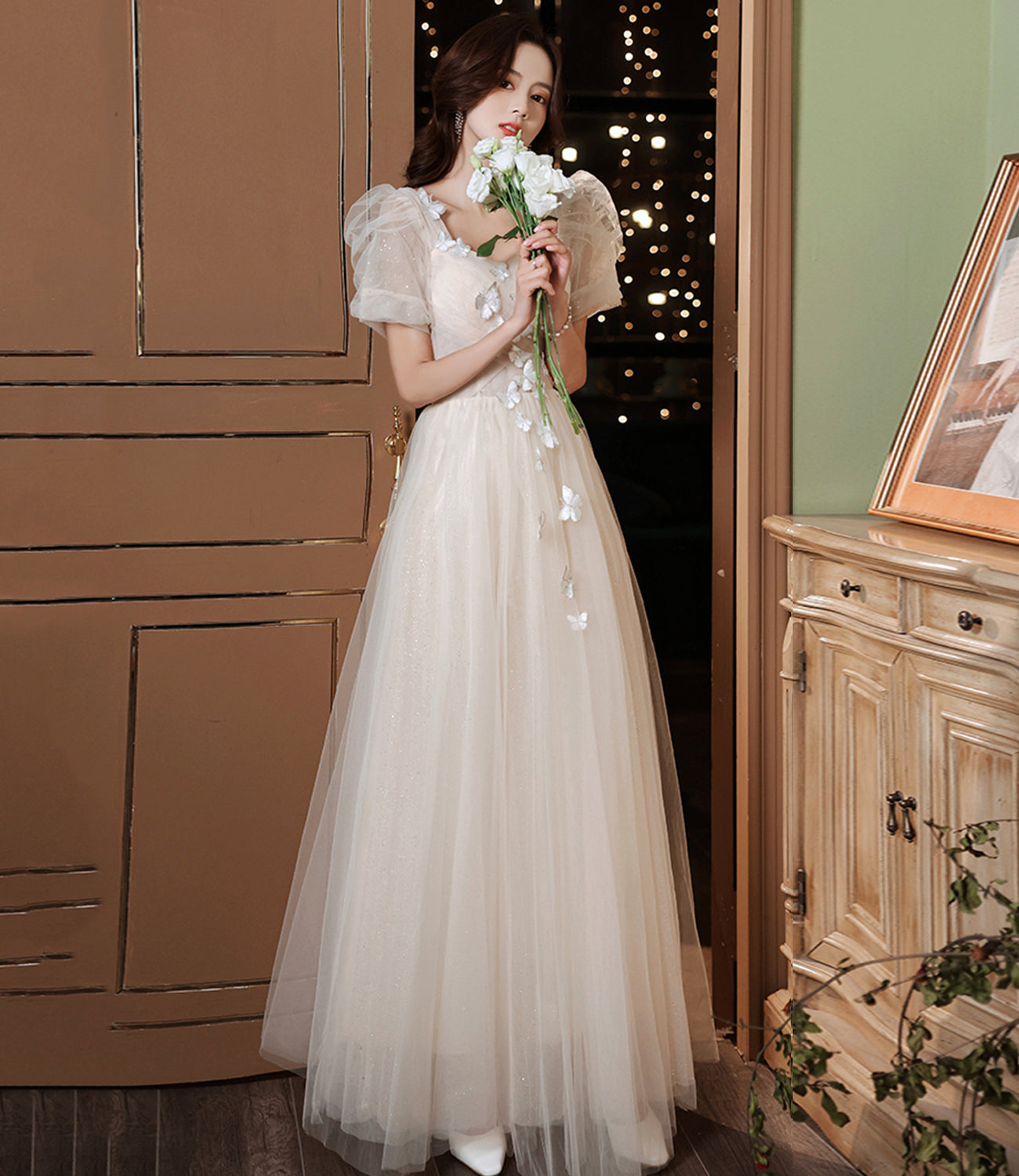 Champagne tulle long A line prom dress evening dress  8883