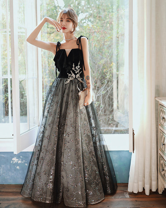 Black tulle sequins long prom dress black evening dress  8901
