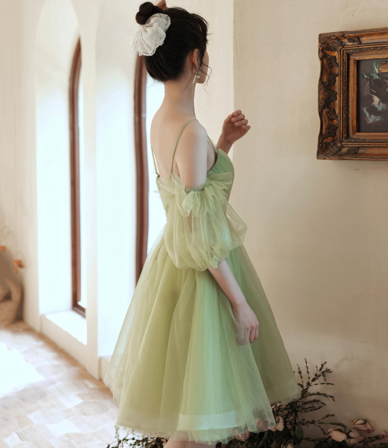 Green tulle short prom dress cocktail dress  8983