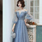 Blue tulle long prom dress A line evening gown  8955