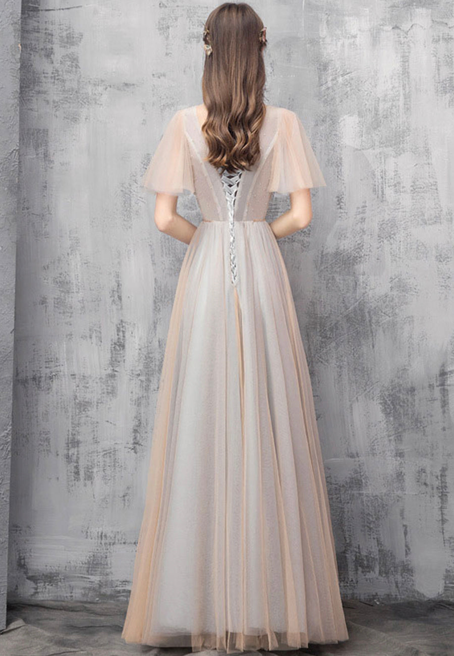 Champagne tulle beads prom dress evening dress  8494
