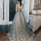 Gray tulle sequins long prom dress evening gown  10121
