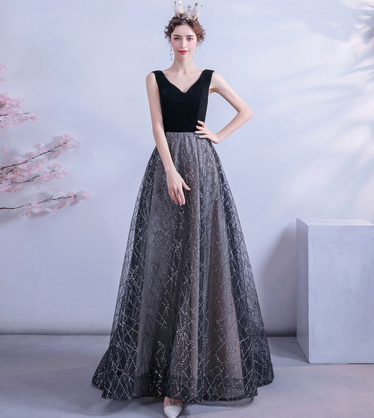 Black velvet sequins long prom dress formal dress  8450
