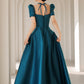Blue satin long A line prom dress blue evening dress  8784