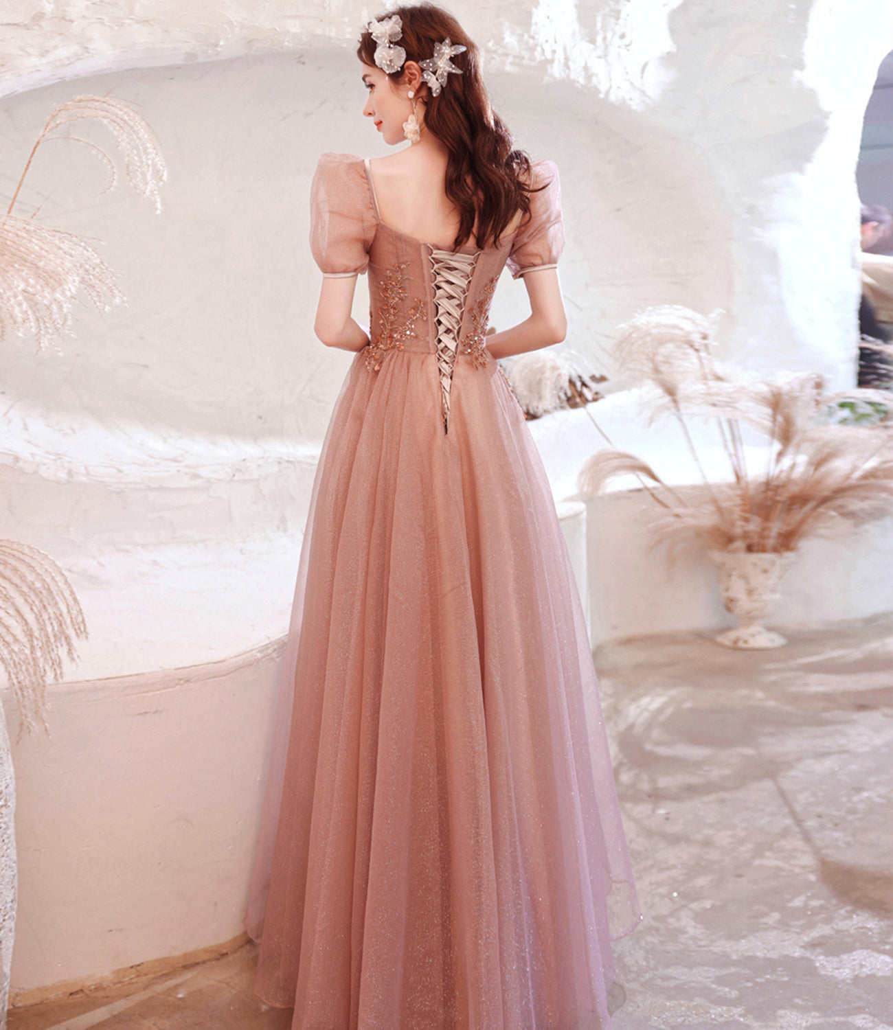 Pink tulle sequins long A line prom dress evening dress  8796