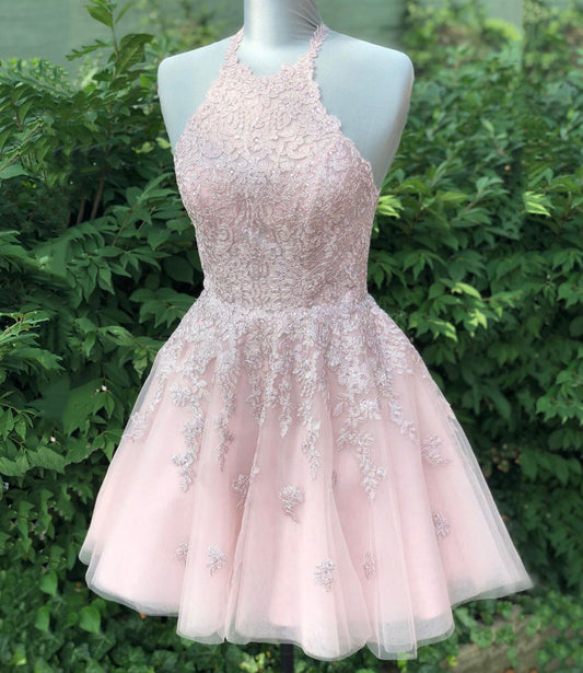 Pink lace short A line prom dress homecoming dress  8875