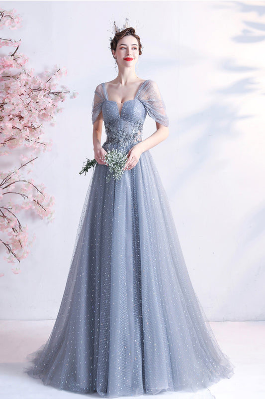 Gray tulle long A line prom dress gray evening dress  8770