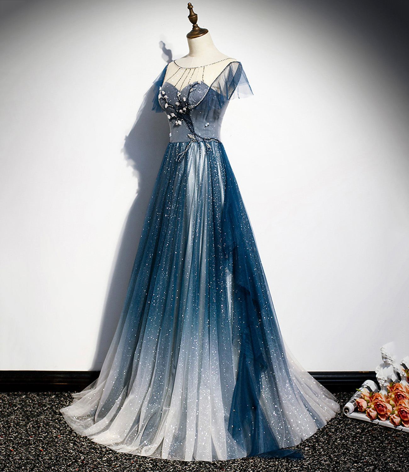 Blue tulle sequins long prom dress blue evening dress  10228