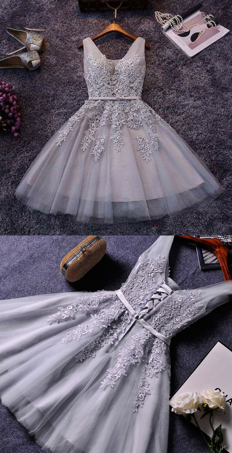 Cute A-line grey lace short prom dress,homecoming dresses  7578