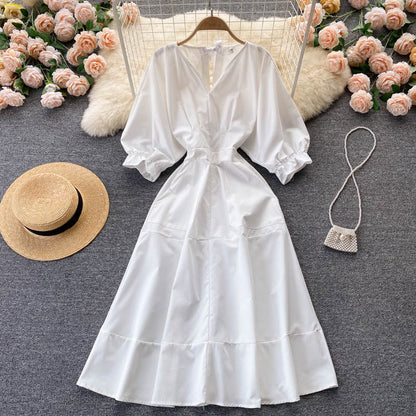 White v neck A line dress fashion dress  412