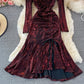Cute v neck sequins long sleeve dress fashion dress  430