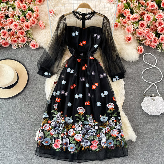 Black lace tulle long sleeve dress fashion dress  425