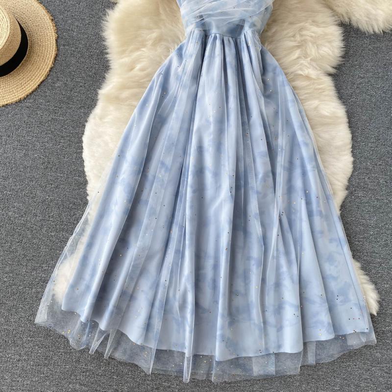 Blue tulle short A line dress fashion dress  390
