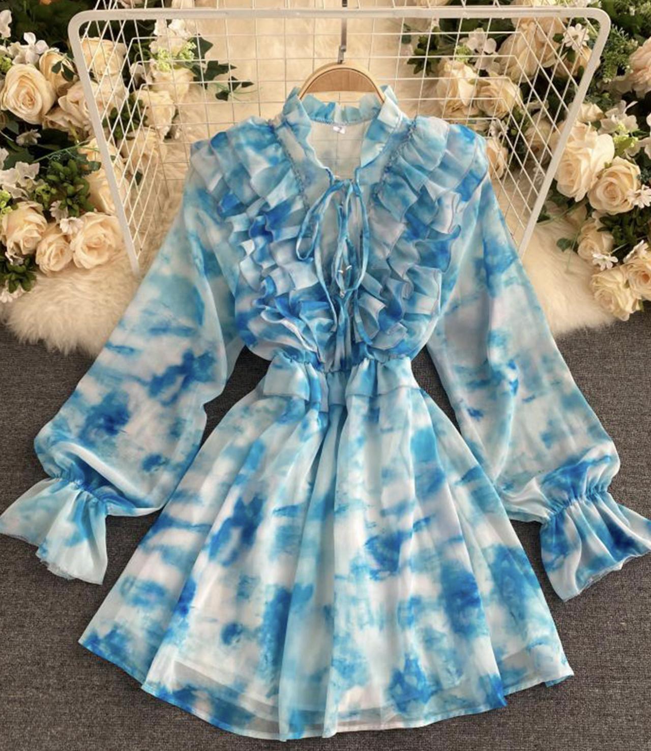 Blue A line long sleeve dress fashion dress 649