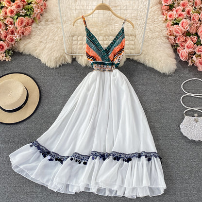 Weißes A-Linien-Kleid mit V-Ausschnitt, modisches Kleid 620